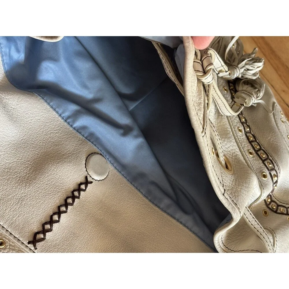 Cole Haan Light Beige Leather Shoulder Purse Whipstitch Detail